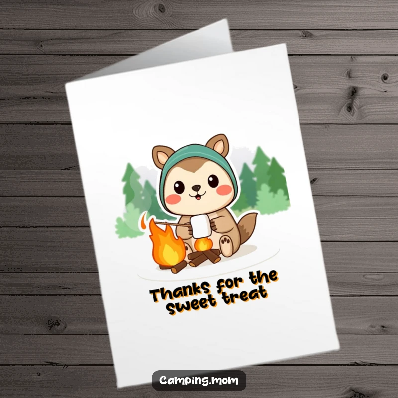 Funny Free Printable Thank You Card with a camping animal proudly holding a campfire marshmallow, expressing thanks with a warm and sweet gesture.