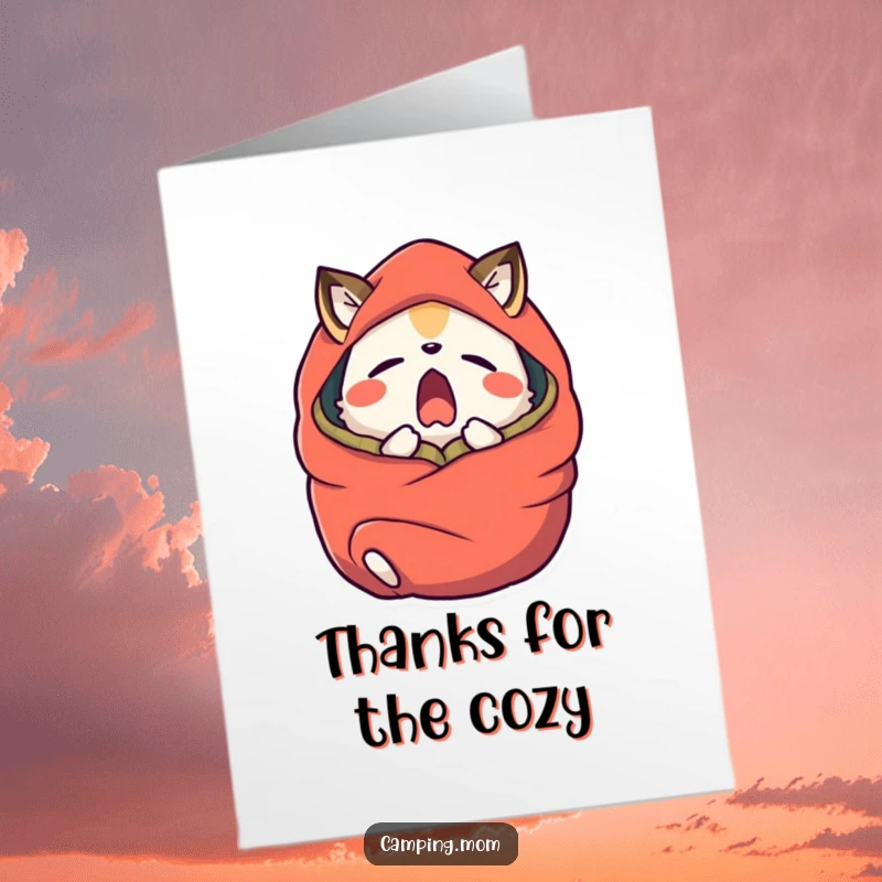 Funny Free Printable Thank You Card of a camping animal yawning in a sleeping bag, expressing thanks with a relaxed and sleepy vibe.