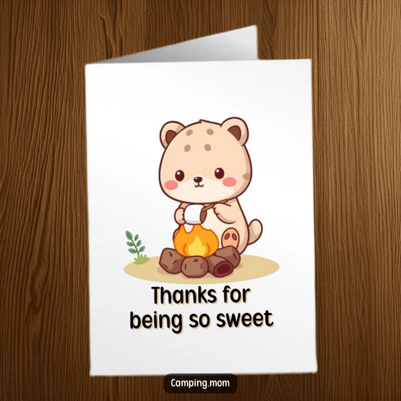 Free Printable Thank You Card: Kawaii animal roasts marshmallow over a tiny campfire, offering warm thanks.