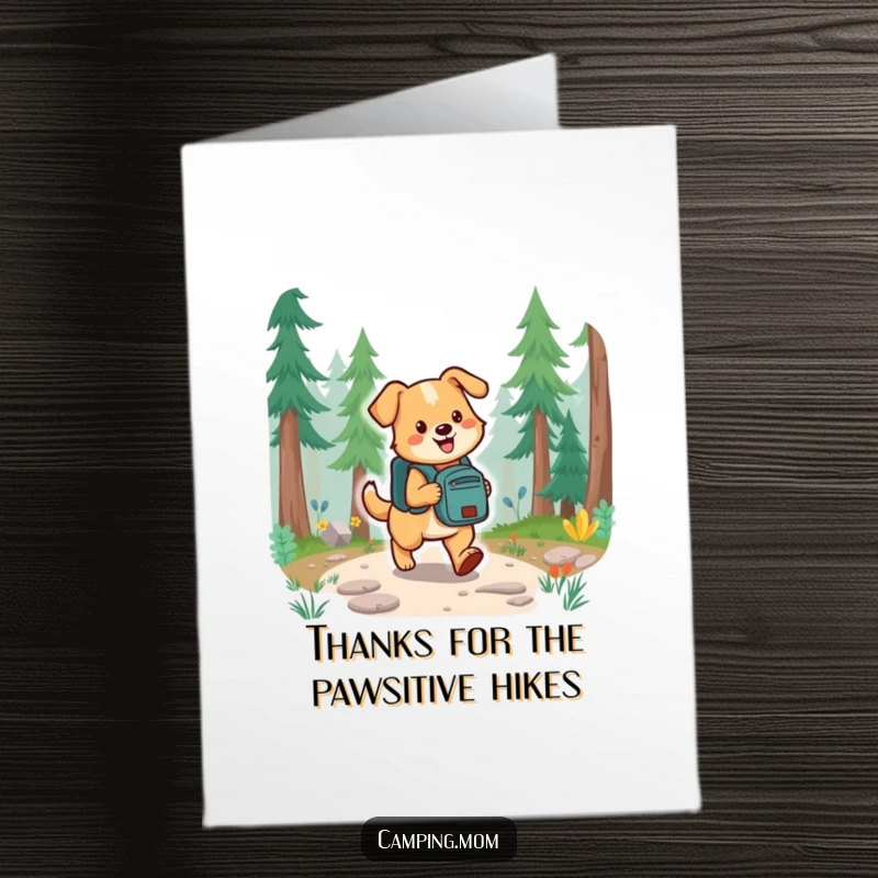 Funny Free Printable Thank You Card: Dog with backpack on a trail, expressing thanks with joy.