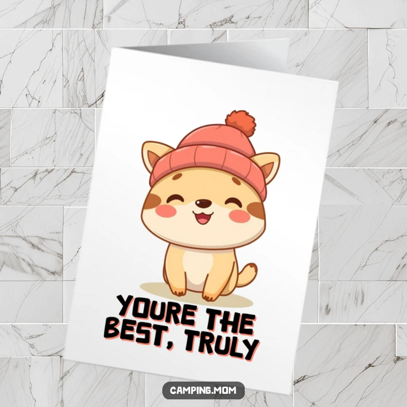 Funny Free Printable Thank You Card showcasing a smiling camping animal wearing a beanie, expressing sincere thanks with a touch of humor.