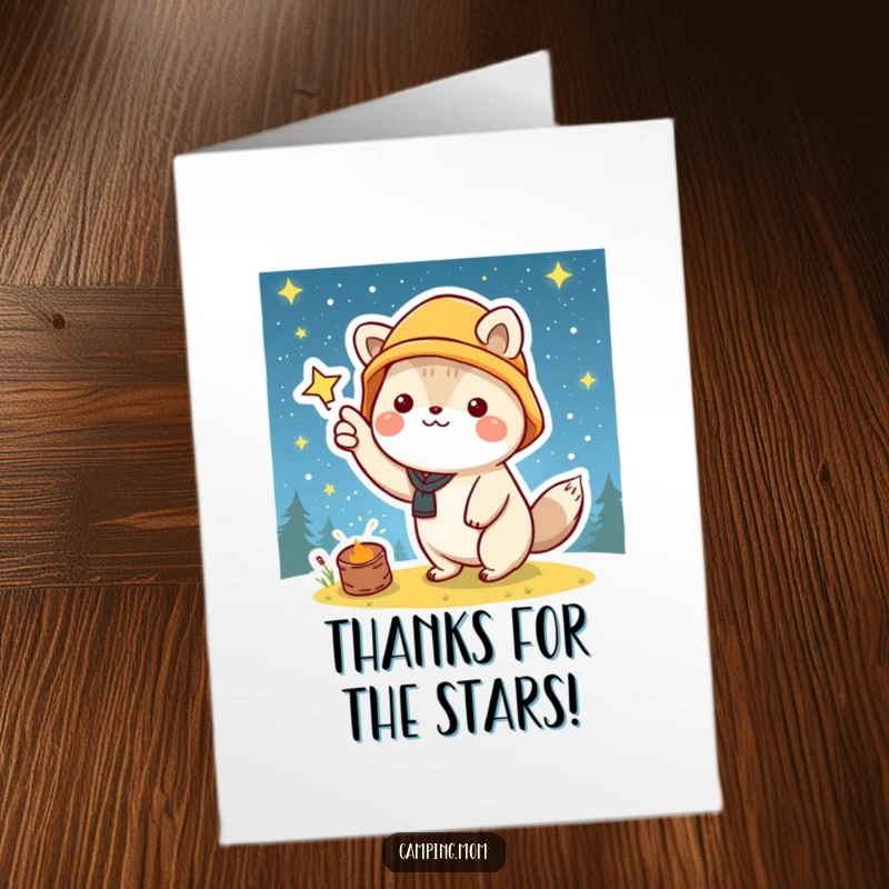 Heartfelt Free Printable Kawaii camping animal gazing at stars, expressing gratitude.