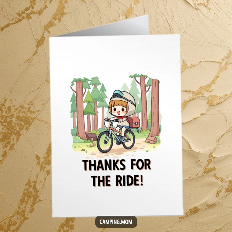 Funny Free Printable Thank You Card: A happy kawaii camper cycling through a forest, expressing thanks, ready to print.