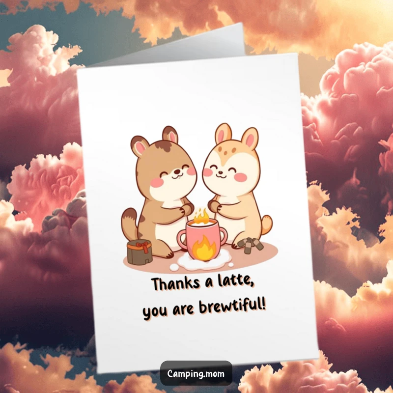 Funny Free Printable Thank You Card: Giggling character sharing hot cocoa by a stove, perfect for expressing thanks.