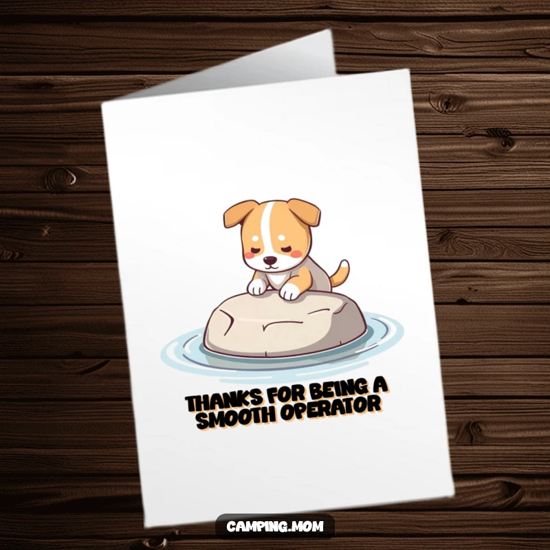 Funny free printable thank you card with a dog carefully selecting a smooth, perfect skipping stone.