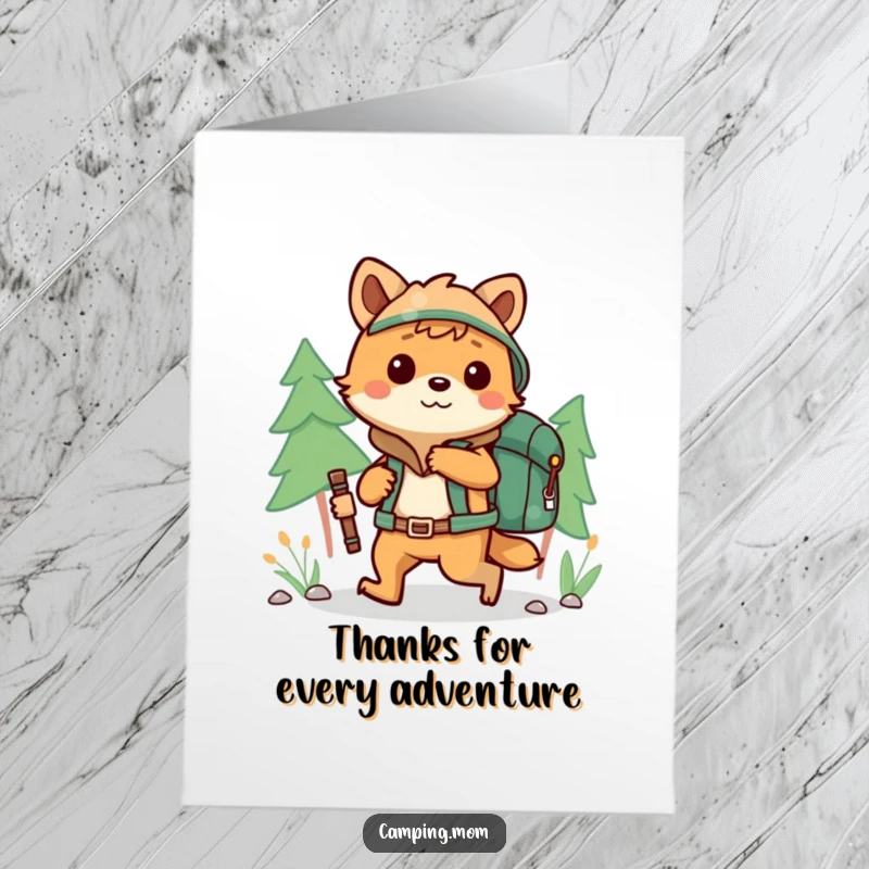 Funny Free Printable Thank You Card with a camping animal hiking cheerfully with a backpack, conveying thanks with an adventurous spirit.