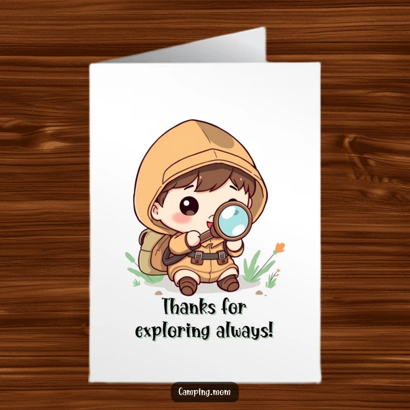 Funny Free Printable Thank You Card: Kawaii camper intensely exploring with a magnifying glass, expressing thanks, ready to print.