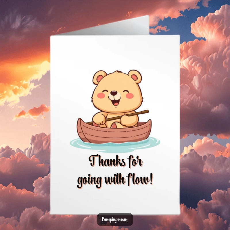 Funny Free Printable Thank You Card: Grateful mama bear with a cheerful grin, giggling while sitting in a canoe, thanking you.