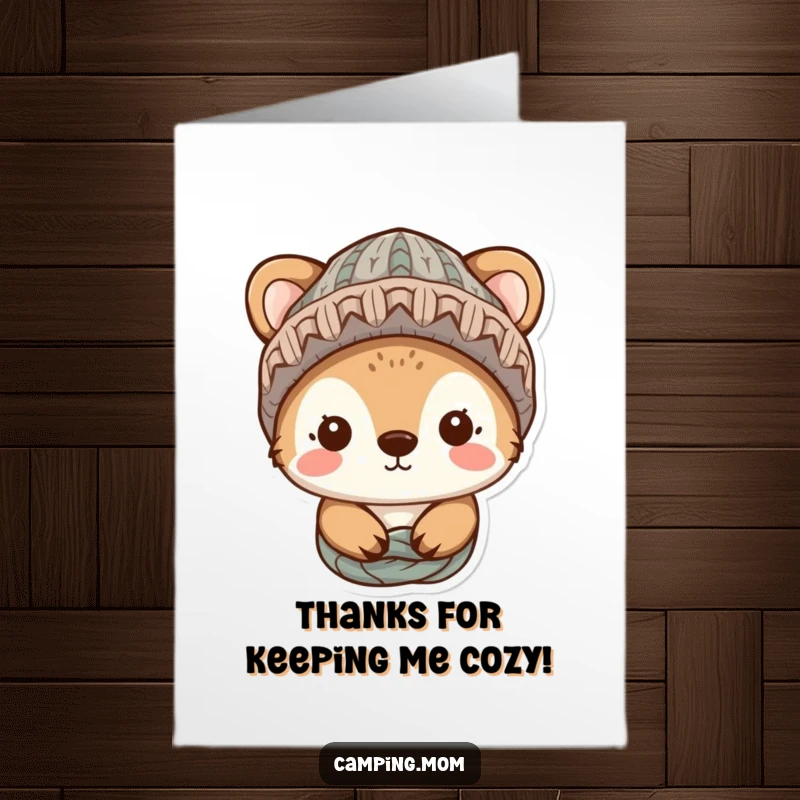 Funny Free Printable Thank You Card: Cozy animal character wearing a knitted hat, conveying warm and sincere thanks.