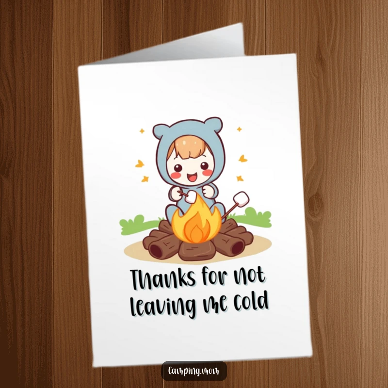 Funny free printable thank you card with a character toasting marshmallows by a campfire, great downloadable art.
