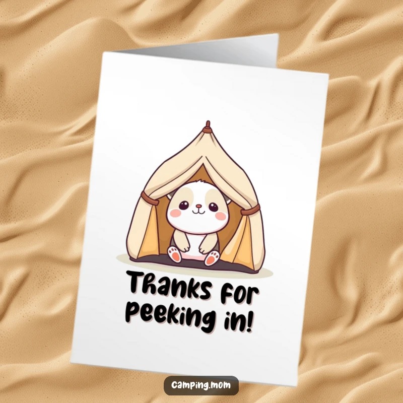 Cute Free Printable Kawaii camping animal emerges from a tent, conveying heartfelt thanks.