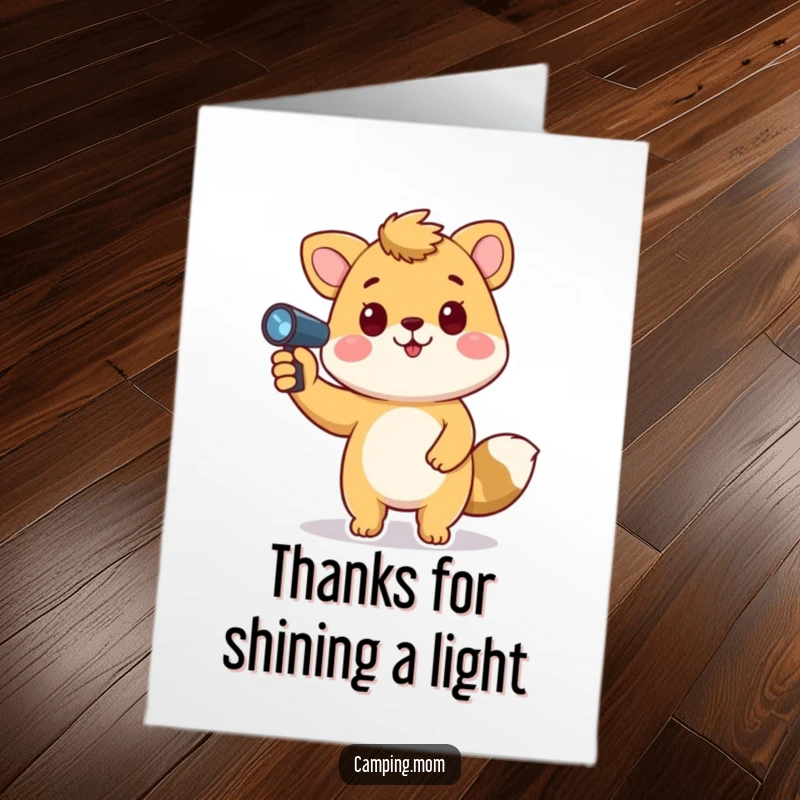 Funny Free Printable Thank You Card: Playful animal holding a flashlight, its beam pointing up, expressing thanks brightly, a downloadable.