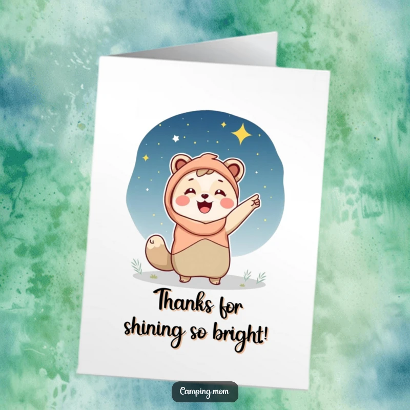 Funny free printable thank you card, camping mom animal pointing happily at a starry night sky, gratitude, outdoor appreciation.