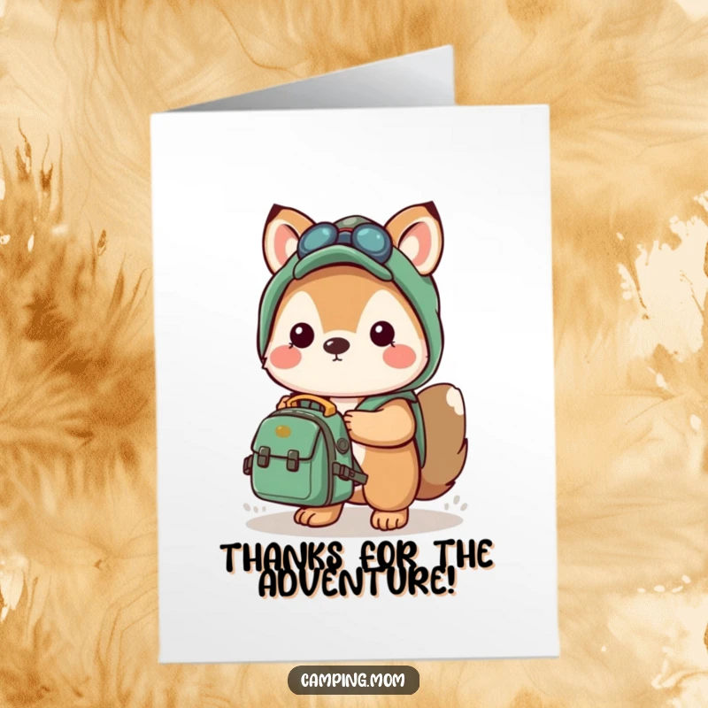 Ready Free Printable Kawaii camping animal holding a backpack, saying thank you for the trip.