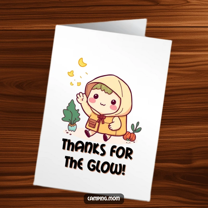 Funny Free Printable Thank You Card: Kawaii camper smiling, waving farewell to magical fireflies, expressing thanks, ready to print.