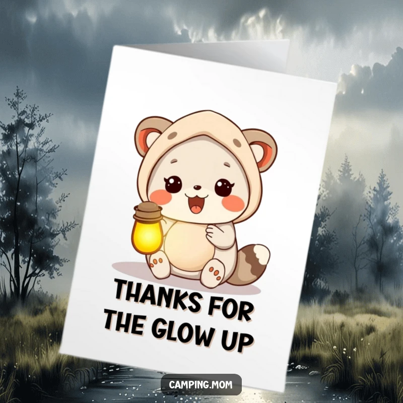 Funny Free Printable Thank You Card: Camping mom animal proudly holds a lantern bursting with light, conveying bright and sincere thanks.