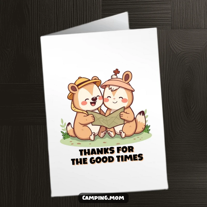 Funny Free Printable Thank You Card: A kawaii camping animal giggles while looking at a map, sending thanks.