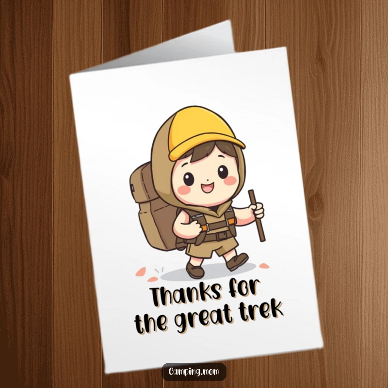 Funny Free Printable Thank You Card: A smiling kawaii hiker with a backpack gives a thumbs up, expressing gratitude.