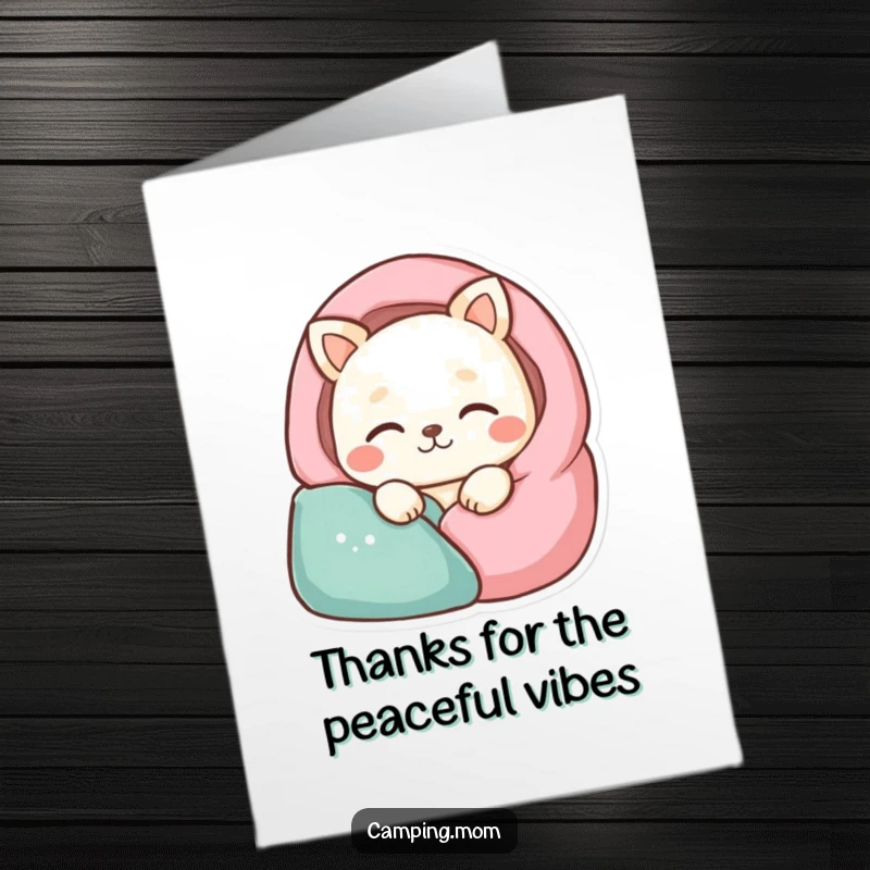 Funny Free Printable Thank You Card: Contented animal character sleeping peacefully in a stylized sleeping bag, perfect for a downloadable gift.