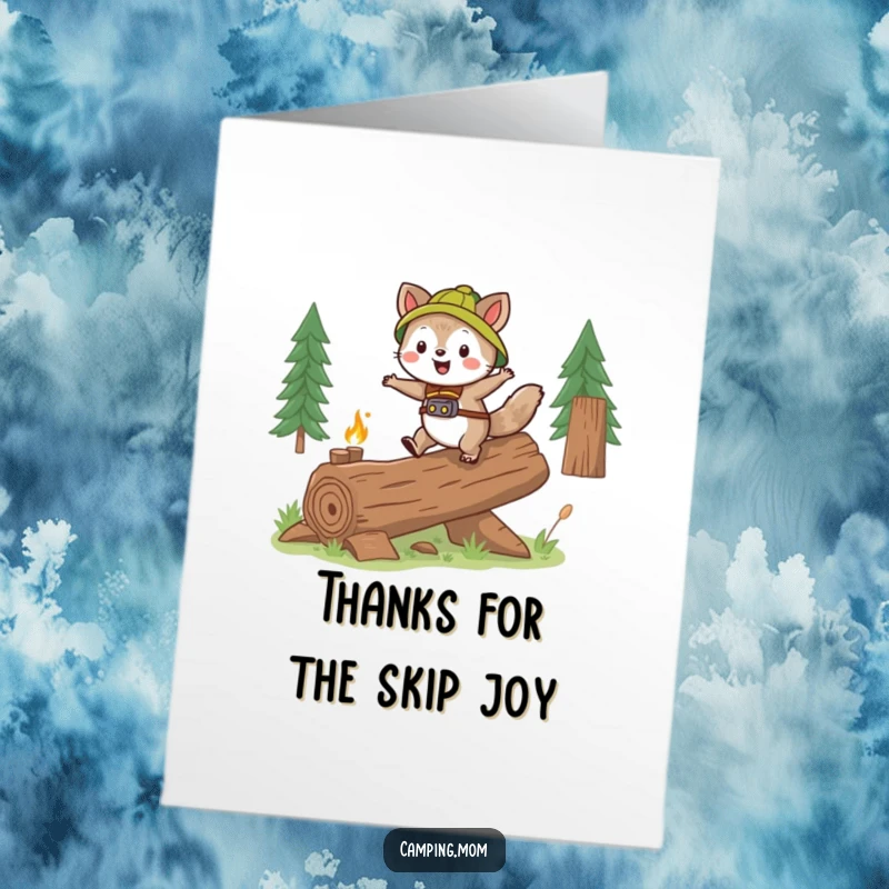 Funny Free Printable Thank You Card showing a camping animal gleefully skipping over a log, conveying thanks with a lighthearted and joyful spirit.