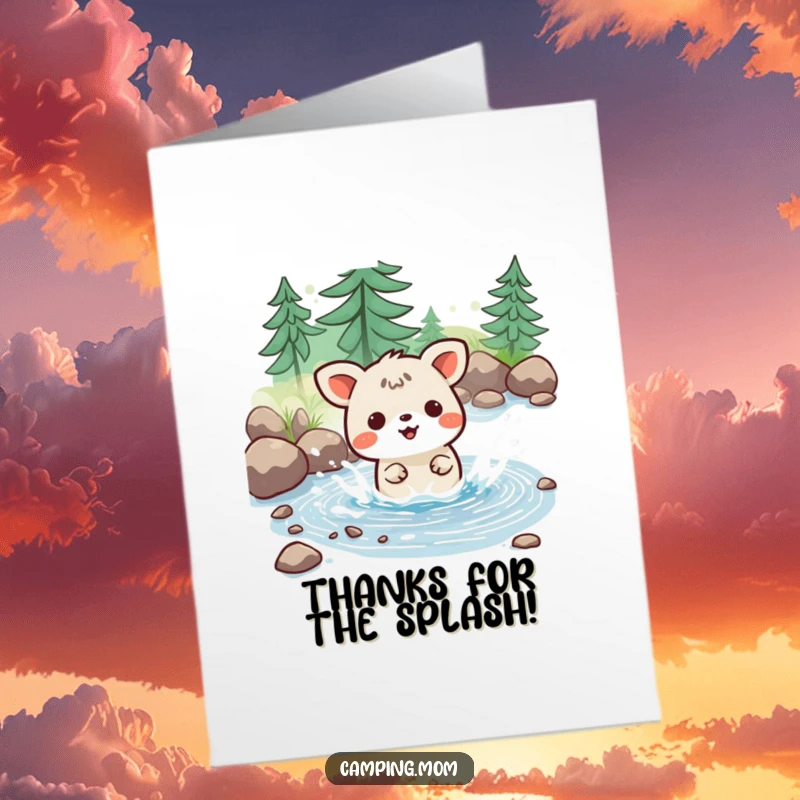 Happy Free Printable Kawaii camping animal splashing in a stream, conveying thanks.