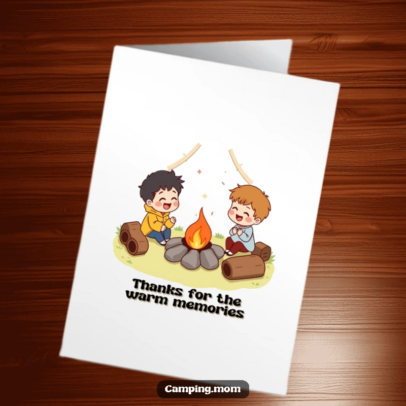 Funny Free Printable Thank You Card: Characters laugh heartily around a campfire, thankful for good times shared.