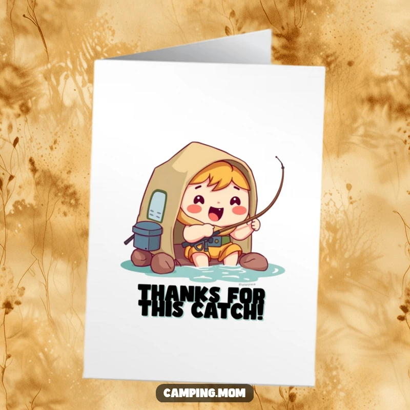 Funny Free Printable Thank You Card: Kawaii camper proudly holding a fish, offering thanks with a huge smile, easy to print.