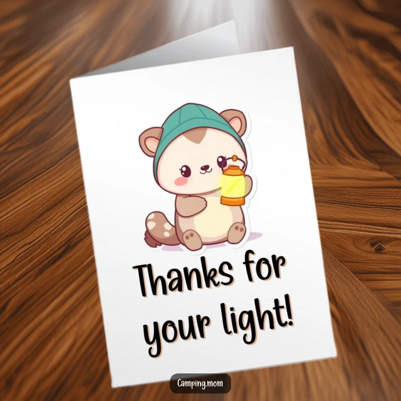 Funny free printable thank you card: camping animal offering a glowing lantern, a warm and heartfelt expression of thanks.