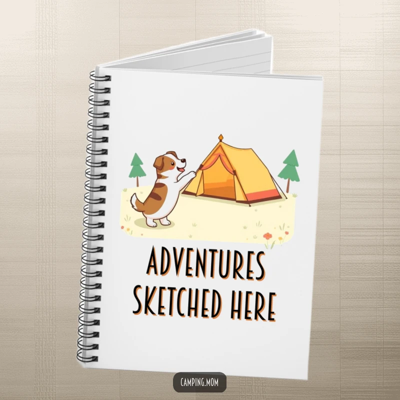 Funny dog pointing at a tent with excitement, on the cover of a durable notebook for adventurers.