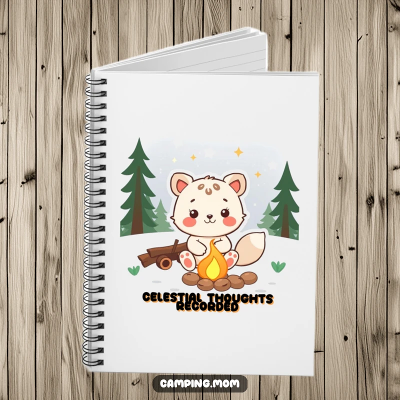 Funny animal notebook with a joyful character sitting by a campfire, gazing at stars, great for jotting down dreams.