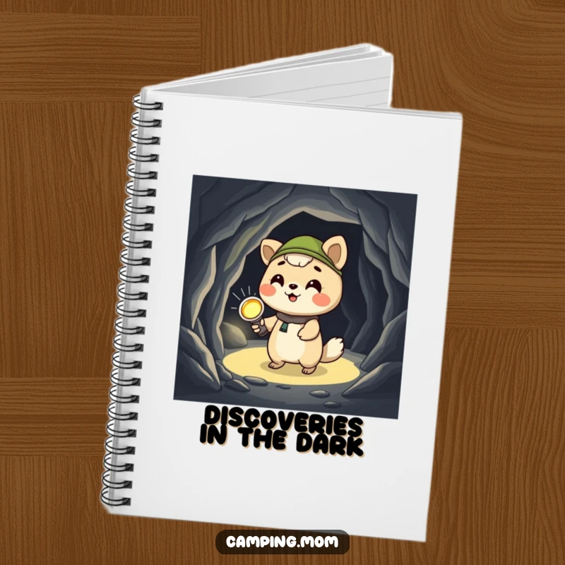 Funny camping animal notebook cover, giggling with a flashlight, exploring a dark cave, inspiring curiosity and creative thoughts.