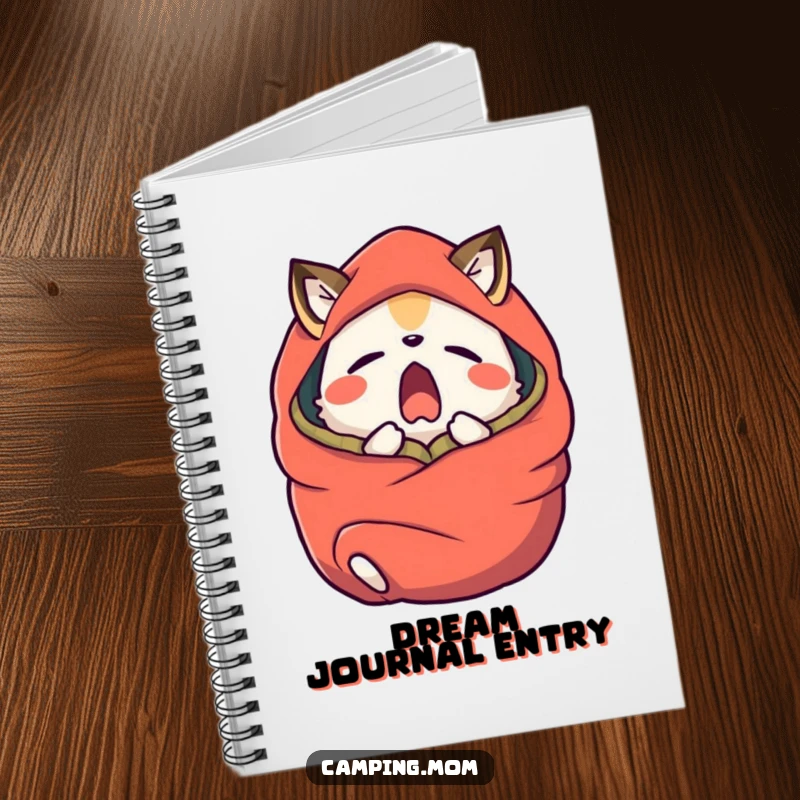 Funny camping animal character yawning widely, wrapped in a sleeping bag, on the cover of a notebook.
