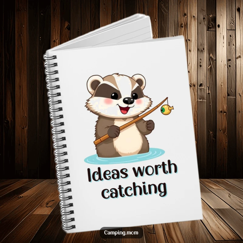 Funny notebook with a happy badger holding a fishing rod, looking forward to a catch, for planning and journaling.
