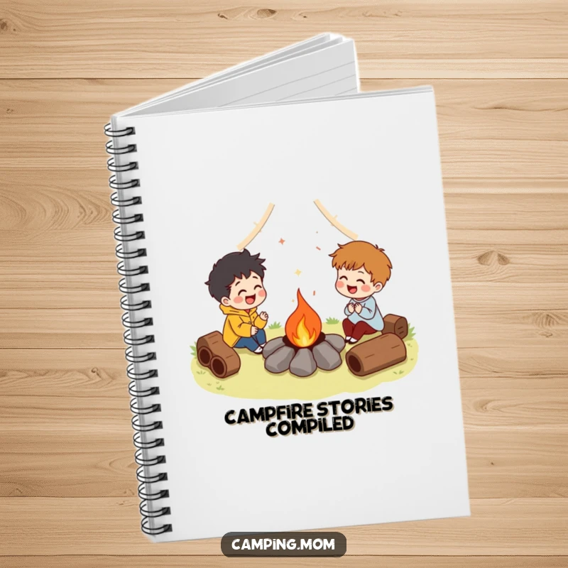 Funny notebook cover with characters laughing around a campfire, perfect for journaling stories with a humorous and warm feel. Ideal funny gift.
