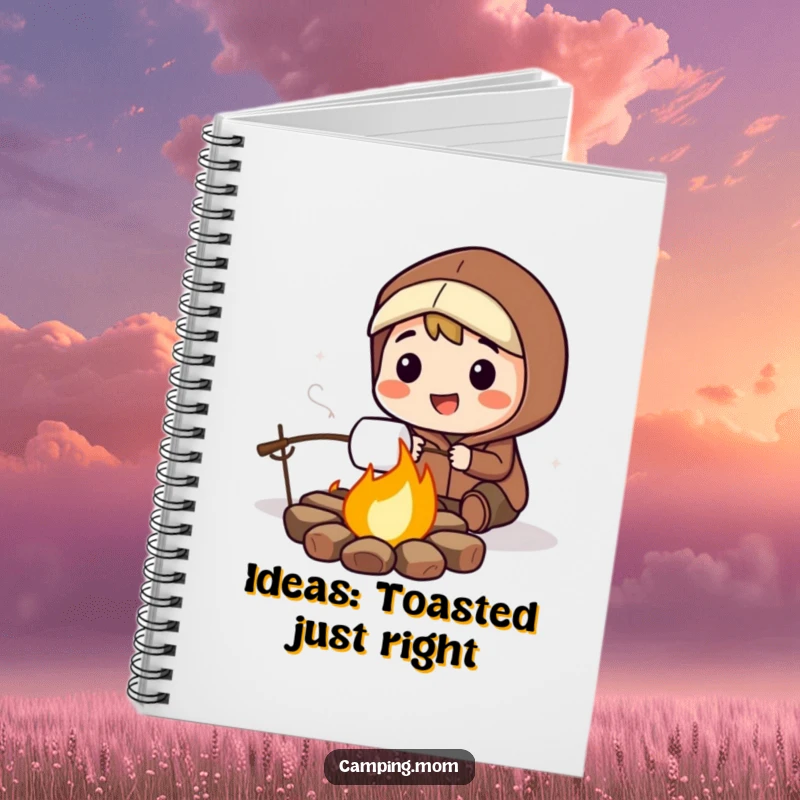 Funny notebook featuring a smiling camping character engrossed in roasting a marshmallow over a warm, glowing campfire.