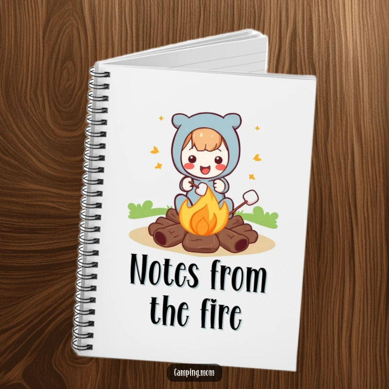 Funny notebook cover with a character roasting marshmallows over a campfire, perfect for journaling outdoor adventures with humor.