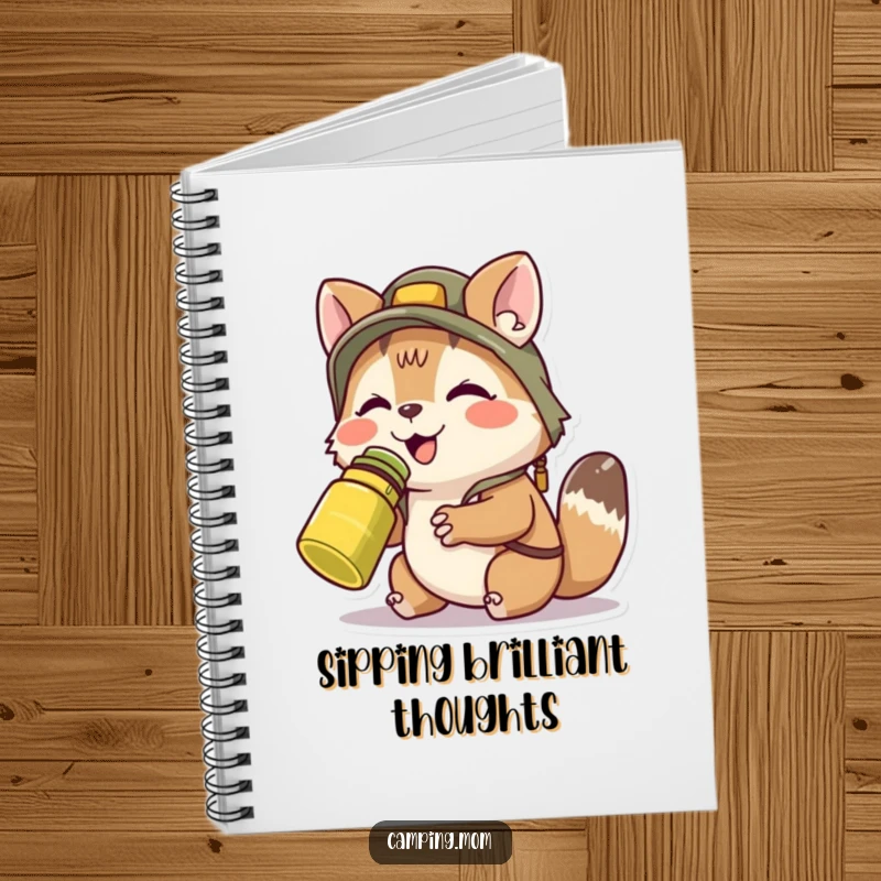 Funny camping animal character happily sipping from a canteen, featured on the cover of a notebook for jotting down thoughts.