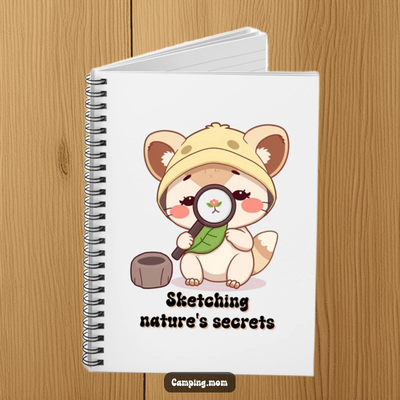 Funny camping mom animal with a magnifying glass, examining a leaf, perfect for journaling outdoor adventures and thoughts.