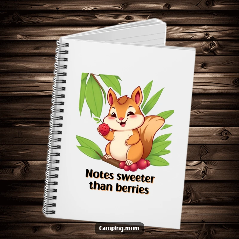 Funny notebook with a cheerful chipmunk with a sweet smile, offering a berry from its palm, for jotting ideas.