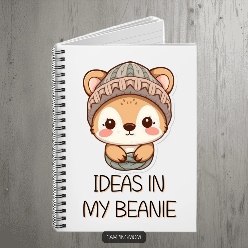 Funny animal character wearing a knitted hat, looking cozy, featured on the cover of a notebook for warm and funny entries.