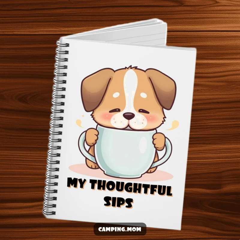 Funny dog sipping from a steaming mug with a contented sigh, on the cover of a relaxing notebook.