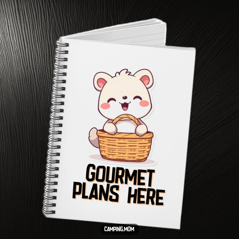 Funny animal character beaming with delight, unpacking a picnic basket, featured on the cover of a notebook for cheerful entries.