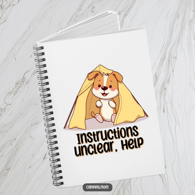 Funny Dog Notebook: A notebook cover with a design of a dog hilariously tangled in tent poles during setup.