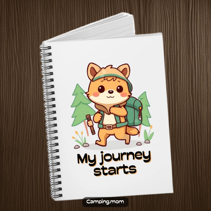 Funny camping animal character hiking with a backpack, on the cover of a functional notebook.