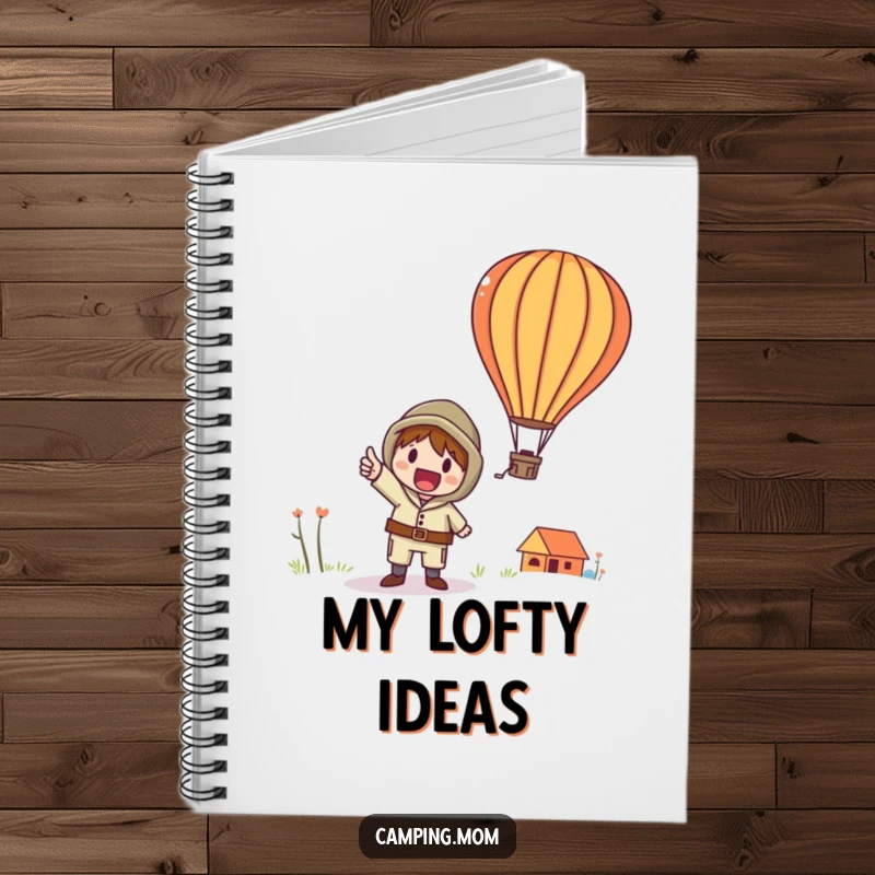 Funny notebook featuring a whimsical camping character excitedly pointing towards a majestic hot air balloon in the sky.