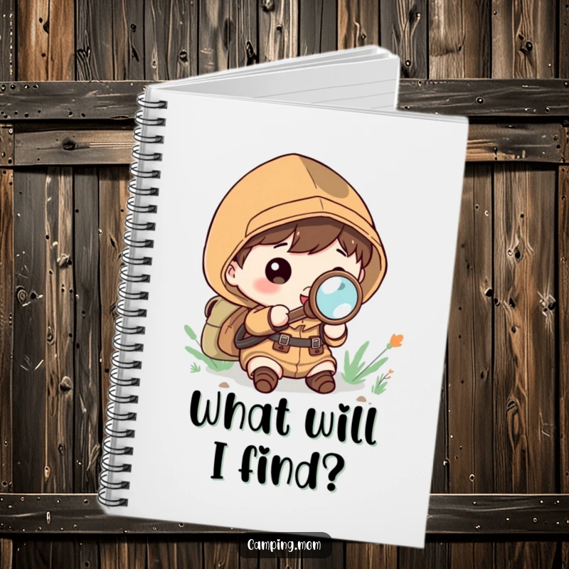 Funny Notebook: Kawaii camping character exploring with a magnifying glass, eyes wide with wonder.