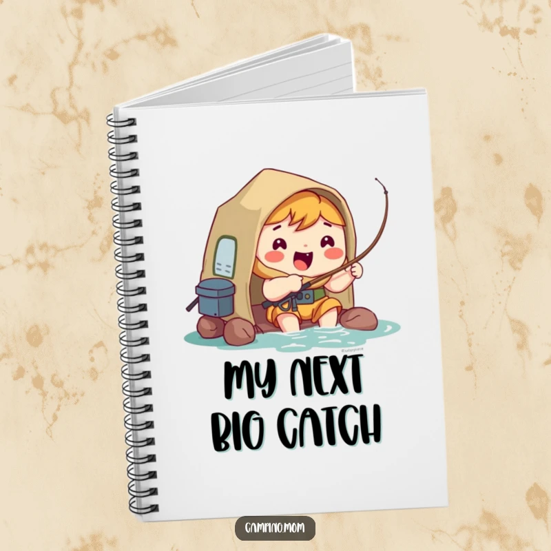 Funny Notebook: Kawaii camping character fishing, eyes wide with hopeful excitement, ready to write.