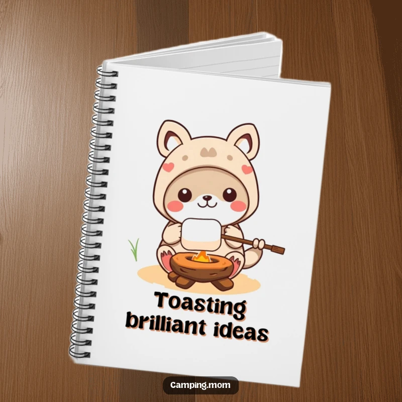 Funny kawaii camping animal character holding a stick with a glowing, roasted marshmallow, adorning the cover of a notebook.