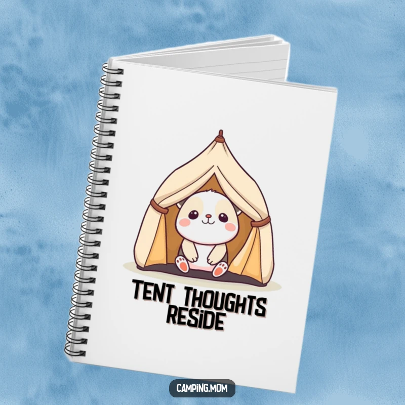 Funny notebook with a kawaii camping animal peeking out of a tent, encouraging creativity and outdoor inspiration.