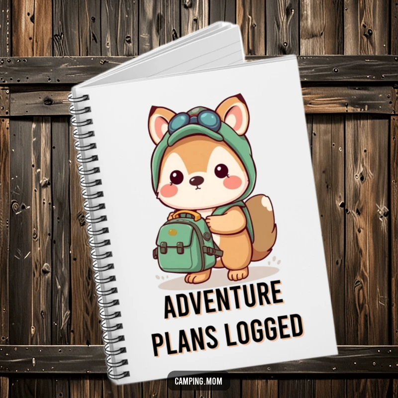 Funny notebook with a kawaii camping animal holding a small backpack, perfect for journaling adventures and plans.